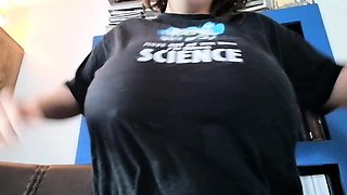 Busty curly brunette with big boobs fucks on couch