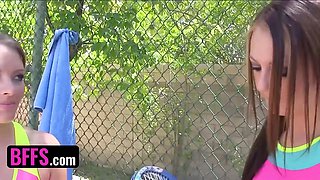 Bffs - kinky tennis coach lifts his schoolgirls' mini skirts and pounds their humid vaginas on the field