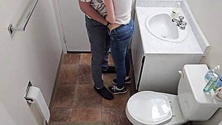 Skinny brunette gets fucked from behind in standing pose – toilet quickie