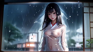 Cute Topless Japanese Girls Under the Rain