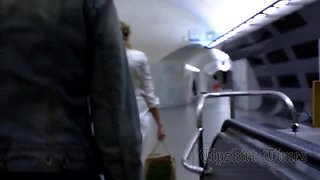 Upskirt without panties. Blonde in long white skirt.