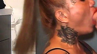 MILF Covered with Tattoo Dress in Maid Ready to Go Work Get a Quick Creampie in the Bathroom