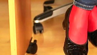 Red Nylon Feet in Black Shiny Heels - Dangling & Tease in Tight Jeans