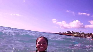 Petite brunette Zoe Bloom in glasses, enjoying the beach in a bikini