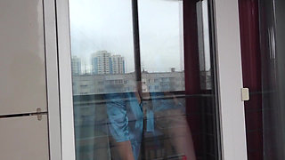 He caught the mature neighbor washing the window and undressing. Chubby MILF with fat ass, big tits, hairy pussy. BBW. PAWG.