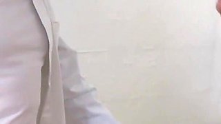 Sexy redhead gets fucked in threesome in the doctors office