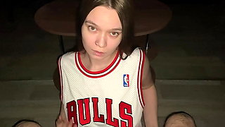 Good babe gives her stepdad a deep blowjob while kneeling. Cum on stepdaughter big natural tits