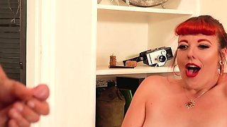 Horny redhead voyeur watching wanker