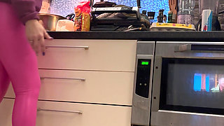 Pink Leather Leggings & Cameltoe Tease in the Kitchen