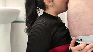 Girl Sucks My Dick and Swallows Cum in Cafe Toilet