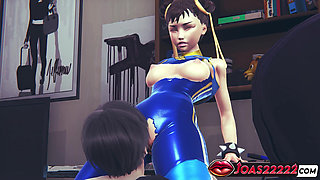 Chun Li Street Fighter 6 - Sexy Cosplay Anime Girl In Blue Latex Costume Gets Her Pussy Licked Through Tight Pants With Orgasm