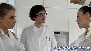 Euro lesbos grapple and lick pussies