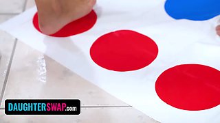 Scheming step-daughters plot to exchange screw their strung up step-fathers by playing twister with them