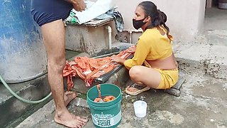 The Indian step-sister was washing clothes when she got wet pussy seeing step-brother's fat dick.