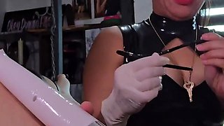 Latex Dommes Sounding & Milking Chastity Slave!