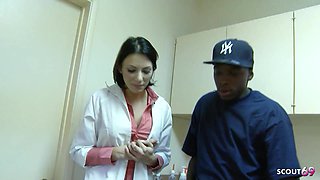Blue Eyes Cougar MILF Doctor get Horny while watch clients Big black Penis and seduce him to Interracial Fuck