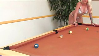 Sexy blond MILF Stevie Shae fingers herself on the pool table