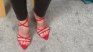 Mrs Mature Feet Wearing Extremely Tight Leather Trousers and Heels