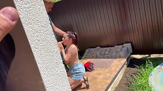 Caught in Front of a . Busty Girl Sucks Boyfriend in My Backyard!