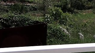 Voyeur watches redhead having sex on the terrace