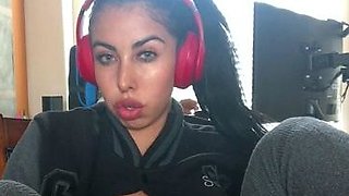 Busty curly brunette with big boobs fucks on couch