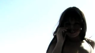Busty curly brunette with big boobs fucks on couch