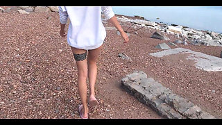 Babe Public Blowjob on Beach - Cum Swallow