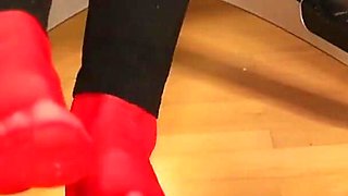 Peeptoe Dangling in Red Stockings & Black Leggings