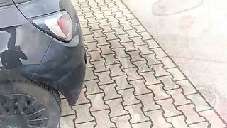 Blonde slut stops driving to give a handjob and get fucked afterwards