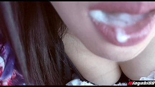 Horny Thai Asian sexy eyes scuk her husband cock in car public before swallow in her mouth POV