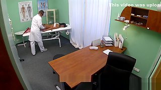 Czech Patients bad back doesn't stop the doctor bending her over the table