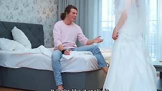 The TV was turned on and showed how hot the bride can fuck