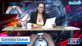 News reporter Carmela Clutch uses Sybian and cums hard live on webcam