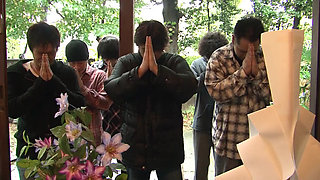 Nasty japanese babe plays with toys before squirting on men faces and getting fucked in hot gangbang