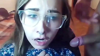 Nerd wife gets messy facial on cam