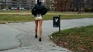 Brunette Flashing Her Titties And Pussy Outdoors In Public