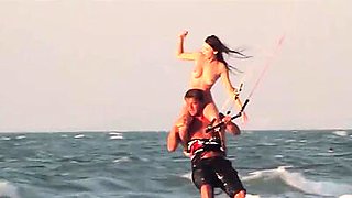 Big boobed naked blondie Dani Mathers and her badass GFs like kite boarding