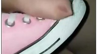 Slave Cums A Huge Load After Shoejob With Sneakers Converse All Star