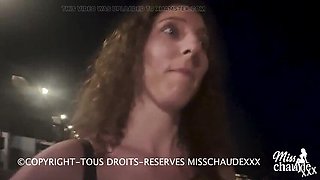 French amateur slut Misschaudexxx gets public outdoor blowjob bar bukkake with big natural tits and deep throat