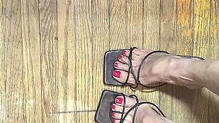 Sexy Asian Small Feet with Red Toe Nail in Open Toes Shoes