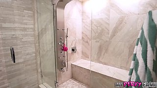 Tiny Stepsister Trades Shower Time for Hard Cock in Steamy Bathroom Fuck