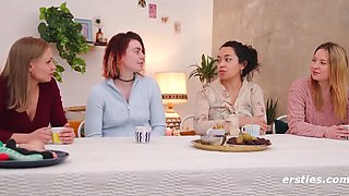Four adorable teens play with each other's pussies on camera