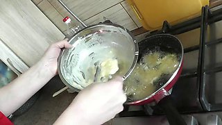 Milf sexy blonde continues naked cooking. In pantyhose without panties and bra. Natural tits. Hairy pussy. Ass. Wife in kitchen