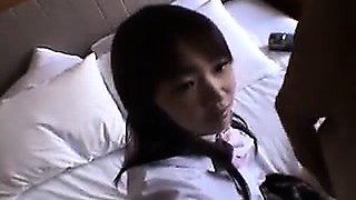 Cute Asian schoolgirl in pink panties takes a long dick in