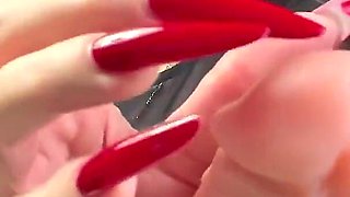 Red Long Nails Goddess with Long Hair, Brunette