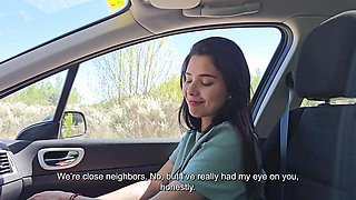 Cheating wife with her neighbor in public inside the car HARDCORE footjob deep blowjob