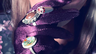 BBW Smoker Tina Snua Wears Purple Satin Gloves & Jewellery & Tip To Tail 2 Cigarettes - Domme Smoking BBW OMI OME