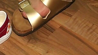 Jeans and Gold Two-strap Sandals - Nylon Feet Tease
