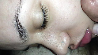 face smeared with a lot of CREAMPIE, handjob on the horny slut's face