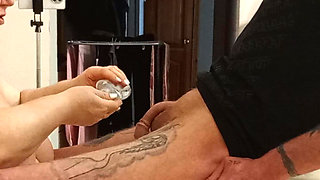 neighbor does an oil dick hand job